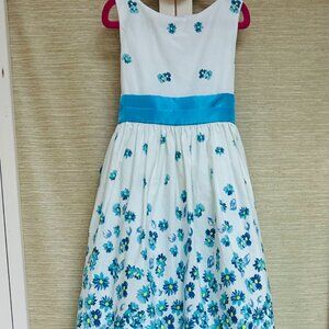 Kids Dream Blue and White Floral Dress Tulle Underskirt Bow in Back Fancy